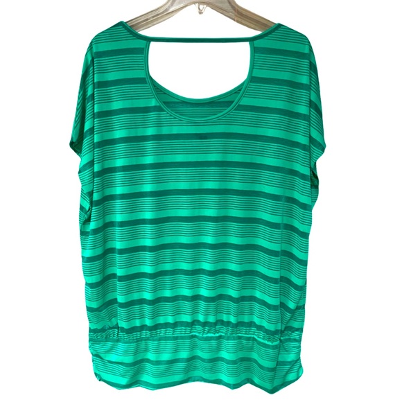 Lane Bryant Green Stripe Sheer Scoop Neck Ruched Sides Pullover Top Sz 14/16 - Picture 2 of 6